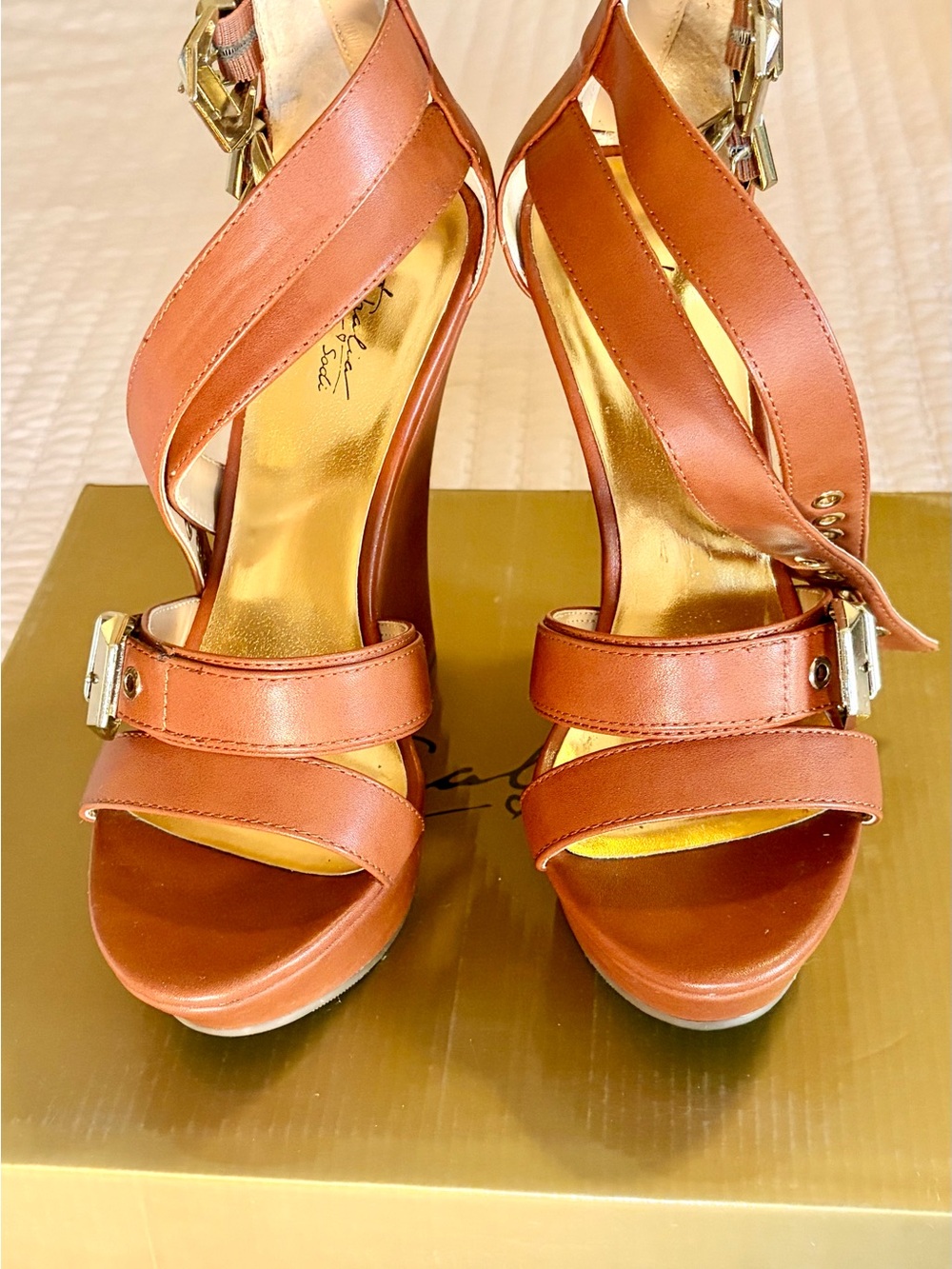 Thalia Sodi Tan Leather Crisscross Platform Sandals